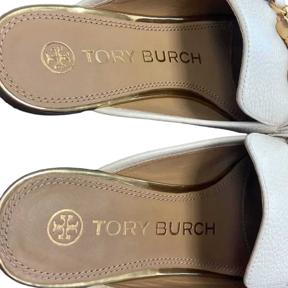 New Tory Burch Jessa Leather Mule Loafer in New Cream w/Gold Horsebit Size 5